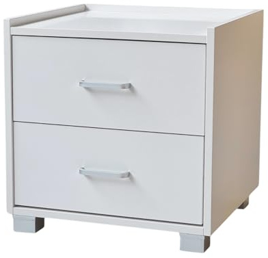 eacommerce - Comodino in Legno Melaminico | 2 Cassetti con Guide in Metallo | Maniglie in Alluminio Satinato | Piedini in ABS | Colore Bianco | 43x40x43H cm