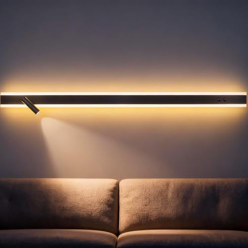 niuniaj Aplique pared interior,25W lampara de pared con interruptor, Luz de Lectura ajustable de 330°,3 Temperaturas Color,120CM lampara LED Moderna Negra para Dormitorio,Salón,Pasillo,Escaleras