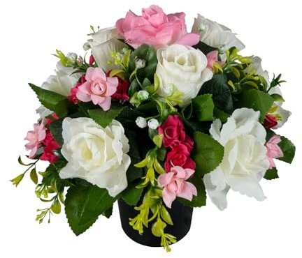 Artificial Flowers for Graves - Ivory (White) Rosebud and Pink Roses & Mini-Roses in Grave Flower Pot, Pre-Arranged Handmade Outdoor Cemetery Decoration Memorial