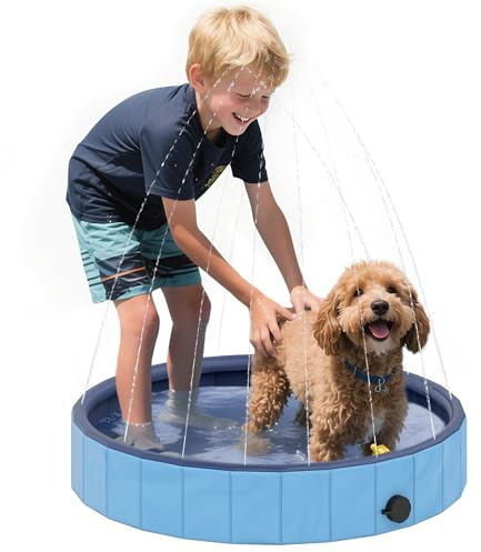 PawHut Piscina para Perros Plegable con Aspersor Bañera Portátil para Mascotas Pequeños de PVC Antideslizante y Resistente al Desgaste para Interiores y Exteriores Ø80x20 cm Azul Claro