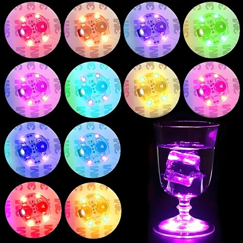Begonia Lot de 12 dessous de verre LED, 8 modes d'éclairage multicolores, dessous de verre lumineux, autocollants d'ambiance, 6 cm, pour fête, bar, mariage, Noël