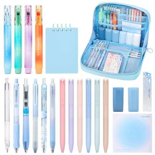 ESSALOO 22 PCS Filled Pencil Case with Stationery Included, Aesthetic Stationery Set for Girls, 11 Gel Pens, 4 Pastel Highlighters, 1 Mechanical Pencil for Back to School Students (Blue)