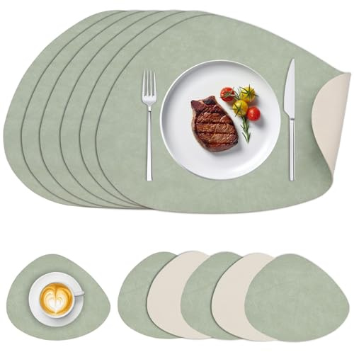6er Set Tischsets Abwaschbar Leder mit Untersetzer 41x33cm Doppelseitigen Platzset Kunstleder Tischuntersetzer rutschfest Platzdeckchen Tischset Hitzebeständig 212°F Tischdeko (Grün, Wassertropfen)