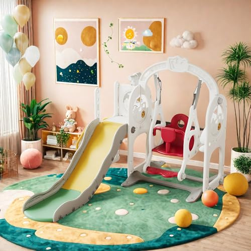 Chaise à bascule de jardin 6 en 1 - Résistante aux intempéries - Pour enfants de 1 à 3 ans - Toboggan pour bébé avec balançoire - Panier de basket - Cadre d'escalade - Télescopique - Rangement - Blanc