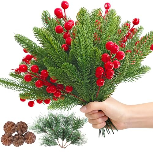 Kinjoium 55 künstliche Tannenzweige Mit Rote Stechpalmen Beeren Künstliche Tannenzapfen Klein Kiefernzweige Wie Echt Tannenzweige Weihnachten Deko zweige Für DIY Adventskranz Tannengirlande