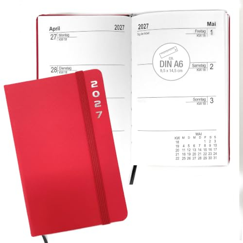 Taschenkalender 2027 A6 mit Gummiband - 1 Woche 2 Seiten Kalender (Rot) | Handlicher Kalender 2027 klein (9,5 x 14,5 cm) mit Feiertagen, Ferien, Jahresübersicht & Leseband - robustes Hardcover
