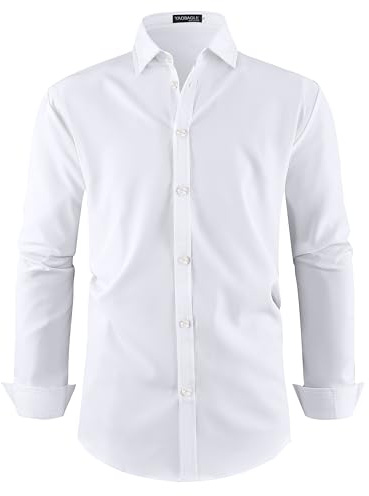 YAOBAOLE Chemise Coupe Ajustée Homme Grande Taille Chemise sans Repassage Homme Manches Longues Habillée Formelle Bouton de Manchette Tout Blanc 2XL