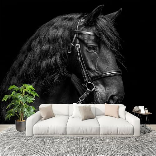 Papel Pintado Panorámico 350x256 cm Primer Plano De Un Caballo Personalizable Fotomurales No Tejido Póster Pared Decoración En blanco y negro 3D Duradero y Resistente a las manchas Fotomurales