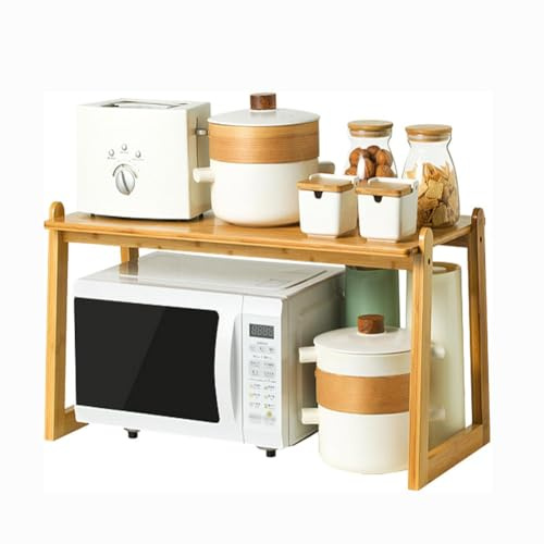 Mensola per microonde, supporto per microonde in bambù a 2 strati, supporto multifunzionale per elettrodomestici da cucina, ripiano per tostapane per condimenti e conservazione