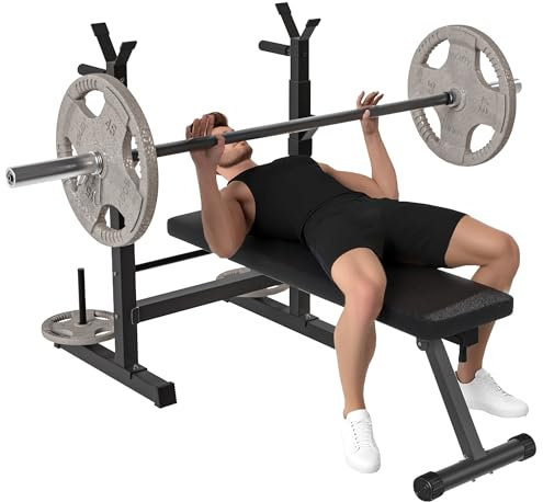 HOMCOM Banco de Musculación Multifuncional Plegable, Banco de Pesas, Press Banca con Soporte para Barras Ajustable y Estación de Dips, Carga 220 kg, para Entrenamiento Completo en Casa Gimnasio