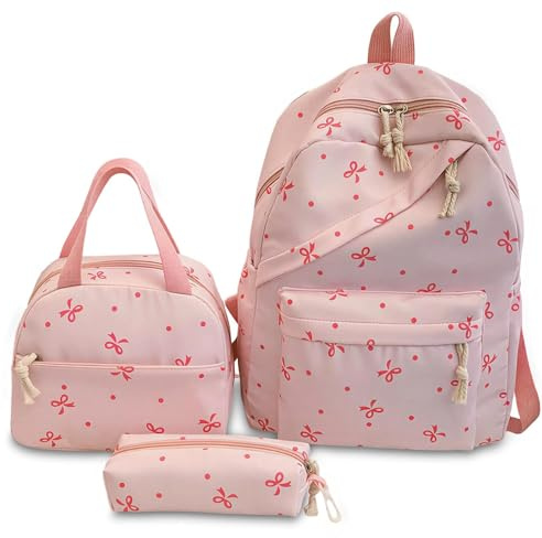 Vexilon 3-Piece Bow School Bag Set, Adorable Bow Bag, Pink Girls Backpack for School, Polyester Backpack + Lunch Bag + Pencil Case, for Teens Kids Daily Use, Commute Travel Hiking Camping