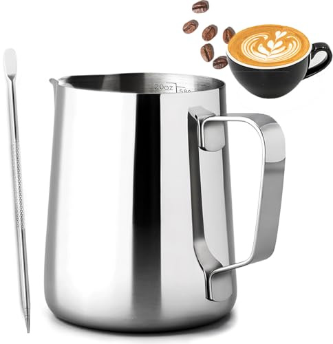 PLACHIDAY Milk Frothing Pitcher, 600ML/20oz Milk Jug for Coffee Machine, Stainless Steel Pitcher with Measurement Mark and Decorating Pen for Making Latte Art and Cappuccino, Silvery