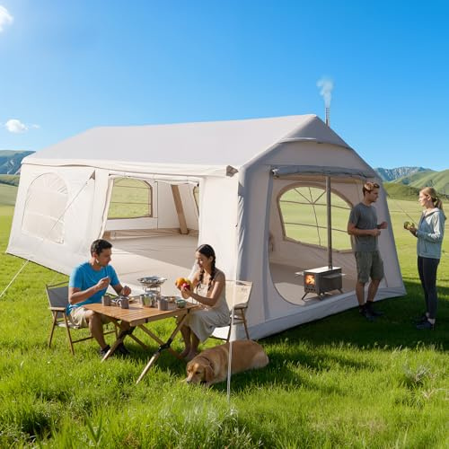 MOPHOTO Aufblasbares Zelt Camping, Wasserdicht Oxford, Pumpe, 4-12 Personen | UPF 50+ Beschichtung,Aufbau in 5 Minuten, 5/6 große Netzfenster, integrierte Ofenrohröffnung