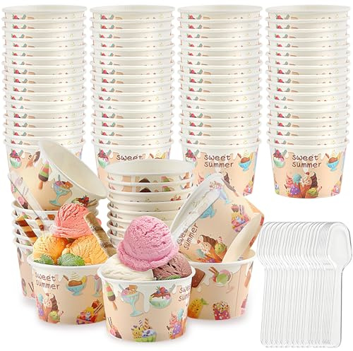 CIYIN Eisbecher Pappe, 50 Stück Eisbecher Set mit 50 Stück Löffel, Pappbecher Bunt, Eiscreme-Muster, Dessertbecher, Pappschalen, für EIS, Dessert, Gefrorenen Joghurt