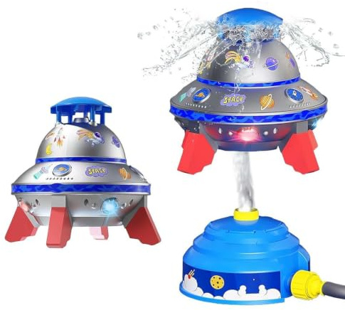 Water Sprinkler Toy for Kids, UFO Rocket Design Outdoor Sprinkler with LED Lights & 360° Rotating, Garden Water Toys Summer Birthday Gift for Boys Girls (Blue)
