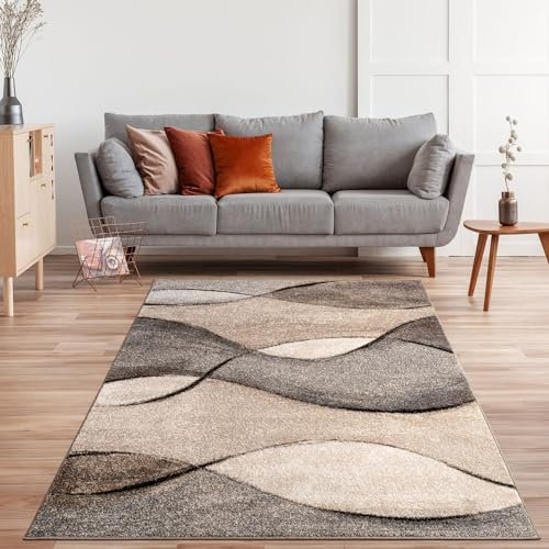 TT Home Tapis Chiné Tapis Tissé Qualité Supérieure Aspect Vagues Chiné Gris Beige Crème, Dimension:80x150 cm