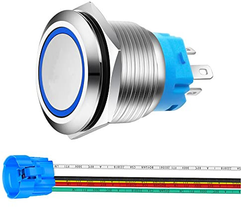 Gebildet 22mm Momentáneo Pulsador de Botón Acero Inoxidable, Impermeable ON/Off 12V-24V 5A LED 1NO1NC SPDT Pulsador con Enchufe de Cable(LED Azul)