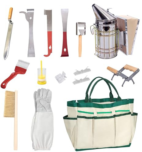 BeeCastle startpaket med 14 st biodlingsverktyg, bibehållningsmaterial – alla bikupverktygssats med organiseringspåse och biodlingshandskar för nybörjare och proffs biodlare