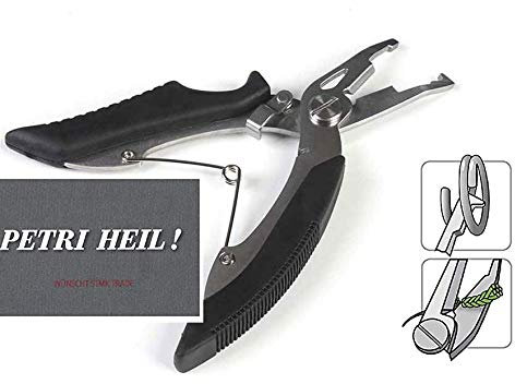 # Una tijera negra o roja para cuerda trenzada y alicates combinados, anillo Split Pliers aprox. 13 cm + pegatina de Petri Heil! (negro)