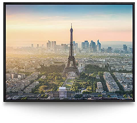 Wandbild Skyline Paris Eifelturm Sunset - 200cm x 150cm Leinwand auf 2cm Keilrahmen mit Schattenfugenrahmen schwarz
