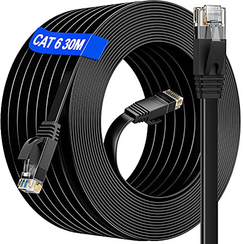 Soibke Ethernet Cable 30m Outdoor & Indoor, Long Ethernet Cable High Speed, Cat 6 Flat Gigabit Anti-Interference Internet Cable, For Home/Router/Switch(30 Clips) - Faster Than Cat5/Cat 5E/False Cat 7