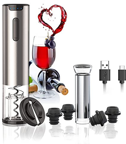 Electric Wine Bottle Opener, Rechargeable Automatic Corkscrew Wine Foil Cutter, Vacuum Pump and 4 Wine Stoppers Wine Accessories Kit for Home Kitchen Party