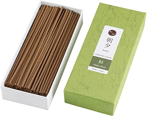 Asayu Japan rökelsestavar – cederträdoft, ca 80 stycken (40 g), 13,5 cm längd, traditionell rök, tillverkad i Japan – för yoga, zenmeditation och avkoppling
