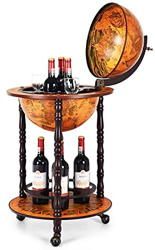 COSTWAY Globo bar World Globe Bar su ruote, carrello da bar, carrello da portata in legno, portabottiglie per vino, liquori, bevande