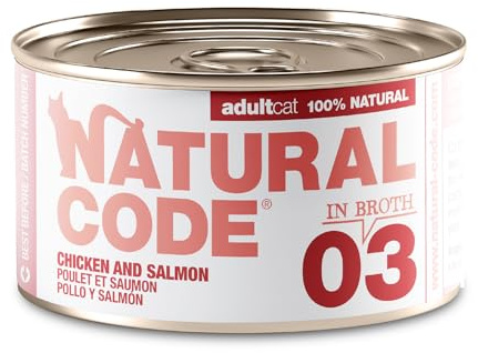 Natural Code - Wet Cat Food, Limited Ingredient Cat Food, High-Protein, Non-GMO, No Artificial Additives, Made in Italy, Chicken & Salmon in Broth for Adult Cats (3 oz, 24 Pack)