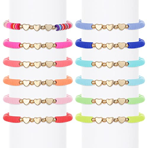 Thinp Colorful Kids Bracelets, 12 Pieces - Flat Beads, Letter Heart, Evil Eye, Cute & Inspirational Designs for Girls, Women & Men - Adjustable Party Accessories