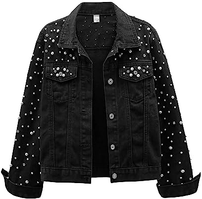LifeShe Women's Pearls Denim Jacket Cropped Rhinestones Jean Jacket Coat, Black, XXL