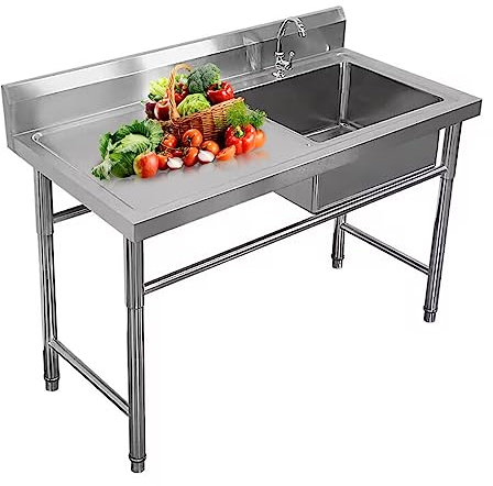 Freistehende Edelstahl Spültisch Edelstahl Gewerbliche KüChenvorbereitungs- Und AllzweckspüLe Mobile SpüLe inkl. Ablaufgarnitur mit Wasserhahn (Size:120cm/47.2in,Color:Silver)