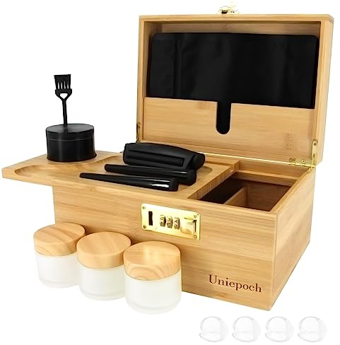 Uniepoch Premium Large Bamboo Stash Box with Combo Lock & Tray | Smell-Proof, Secure Storage for Herbal Organizing, Includes 6 Glass Jars & Rolling Tray
