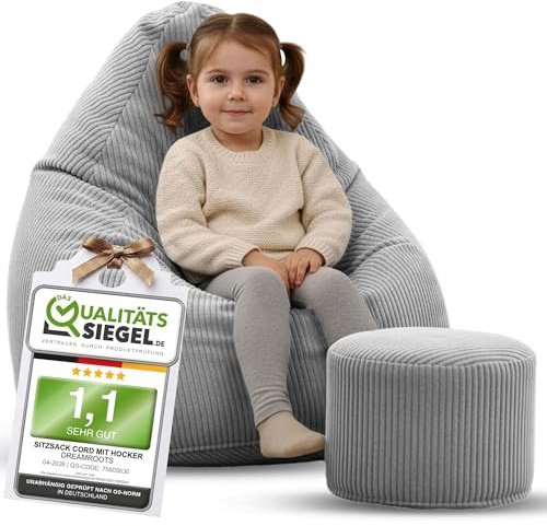 DreamRoots Sitzsack Kinder Cord 70x70x105 mit Hocker, Cool Gray | Bean Bag Chair mit Hocker, Lehne & Bezug, mit Füllung, Sitzkissen Boden, Kindersitzsack Kinderzimmer