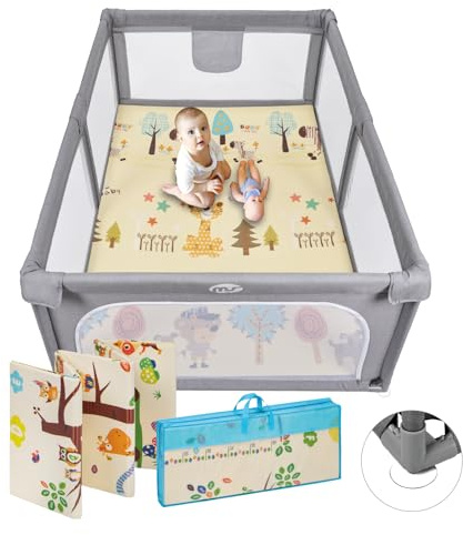 MS BabyWorld Parco XL + Tappeto da gioco per bambini 180 x 120 cm - Doppio lato, tappetino molto imbottito (1 cm spesso), parco molto grande - pieghevole e con borsa per il trasporto