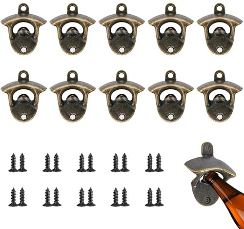 10 Pièces Décapsuleur Mural, Multifonction Decapsuleur Mural Biere, Decapsuleur Mural avec Vis, Ouvre Bouteille Mural Convient aux Bars Restaurants Cuisines Clubs Garage (Bronze)