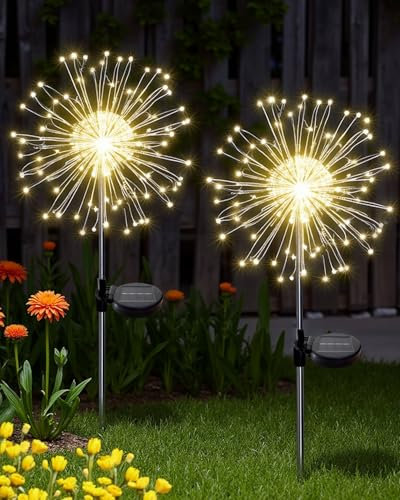 KALAHOL Solar Firework Lights 180 LED 2 Pack, 8 Modes Solar Lights Outdoor Garden IP65 Waterproof, Decoration for Pathway Flowerbed Party Ornaments Yard(Warm White)
