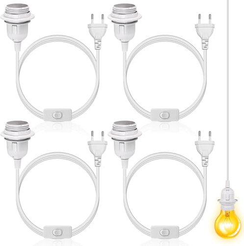 Leikurvo Lot de 4 douilles E27 avec interrupteur et prise européenne, douille E27 3m câble, interrupteur à vis, adaptateur prise, support lampe cuisine, salon, bureau