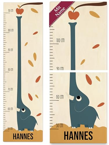 Messlatte Kind Holz - Kindermesslatte süßer Elefant langer Rüssel mit Name I Afrika Dickhäuter I Elefanten Wachstumsmesslatte niedlich - 50-110 cm - Holz - personalisierte geschenke baby und