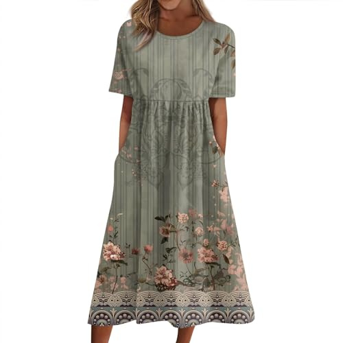 RMBLYfeiye Meine Bestellungen Abendkleider Lang Strandkleid Damen Kurz Partykleid Damen Elegant Rundhals Blumen Bedruckt Kurzarm Abschlusskleid Mit Taschen Festliches Kleid (Armeegrün, XXL)