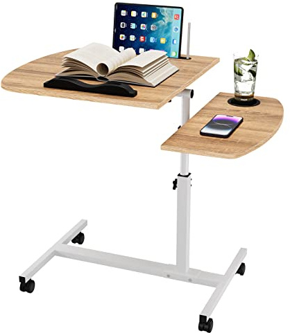 Wohenster Schreibtisch Beige Beistelltisch Höhenverstellbar Winkeleinstellbarer, Tisch mit Rollen, Computertisch mit Anti-Rutsch-Stopper, Notebook-Ständer, 60x40x61,5-96,5cm Laptoptisch Mobiler
