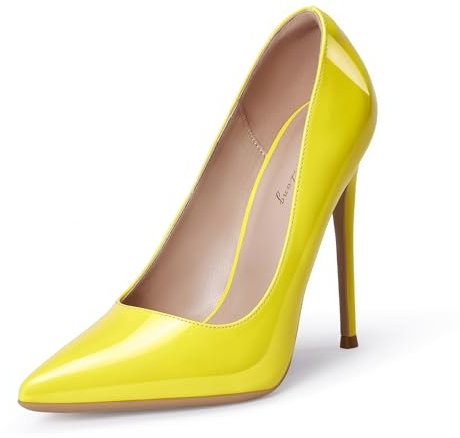 GENSHUO Dammode spetsiga högklackade pumpar sexig slip på stilett festskor 12 cm / 4,72 tum, Fluorgul, 39 EU
