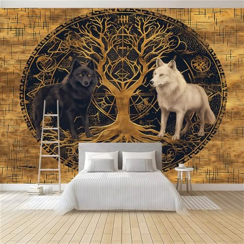 Vlies Tapeten Wandtapete Wikinger-Wolf-Vier-Jahreszeiten-Baum Golden Muster 3D Wandbild Wohnzimmer Wanddekoration Fototapete 3D Tapete Effekt 200x140 Cm