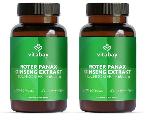 Vitabay Roter Panax Ginseng 600 mg Extrakt – 240 vegane Kapseln | Standardisiert auf 20% Ginsenoside – Echter Koreanischer Ginseng C.A. Meyer – Laborgeprüft – 4 Monate Vorrat – 2er Bundle