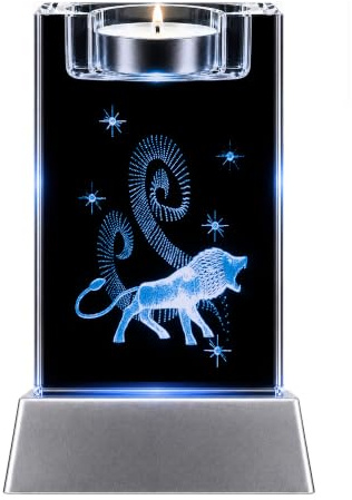 Kaltner Präsente Löwe Sternzeichen Kristall Glas Teelichthalter 3D Laser Gravur LED Nachtlicht Geschenk Dekoration