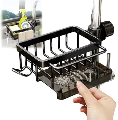 GCFTIFF Estante de almacenamiento para grifo, organizador para fregadero de acero inoxidable, organizador de jabón, soporte para esponja con bandeja de goteo extraíble para cocina y baño (negro,