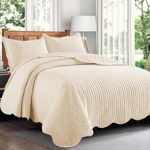 Cozy Haven Quilt Mono Bedspread 3 Pieces Set – Coverless Quilted Leaf Motif Bedspread, Comforter Throw, Summer and All-Season Lightweight Bedding Sets, with 2 Pillow Shams (King, Beige)