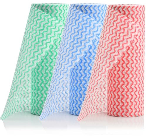 Amexo 3 Rolls Disposable Dish Cloths Reusable J Cloths for Kitchen Cleaning Disposable Heavy Duty Dish Towels All Purpose Cloth Roll Handy Wipes 150 Count, Red/Blue/Green