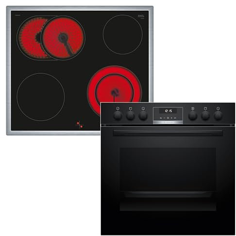 Bosch HND611LS62 Einbauherd-Set, Bestehend aus HEG517BB3 Herd, 60 x 60 cm, Made in Germany, 3D Heißluft, Hydrolyse, LED Display & NKN645GA2E Elektro-Kochfeld, Bräterzone, Restwärme, Edelstahlrahmen