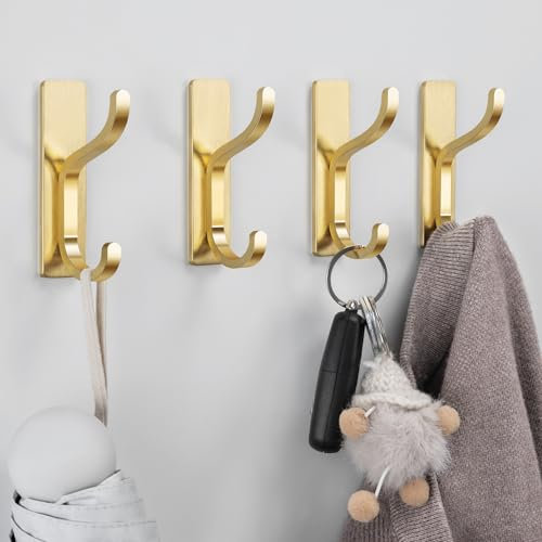 pickpiff Gold Self Adhesive Hooks for Hanging - Heavy Duty Stick On (Holds 6KG), Wall Door Hooks for Towel, Coats, Bags, Purse, Keys - for Bathroom, Kitchen - Stainless, Metal, 4 Pack